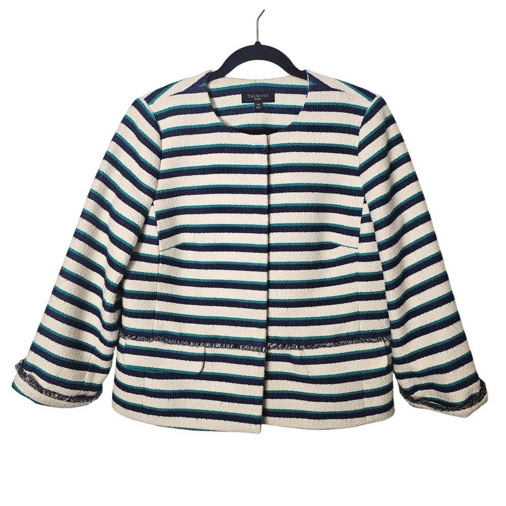 Talbots Striped Tweed‎ Blazer Jacket Women's Size 14P Navy Teal White Fringe